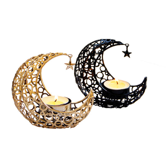 Light Luxury Crescent Moon Star Moon Black Gold Metal Candle Holder