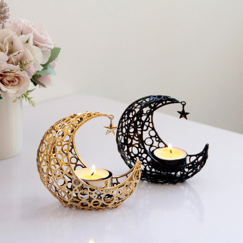 Light Luxury Crescent Moon Star Moon Black Gold Metal Candle Holder